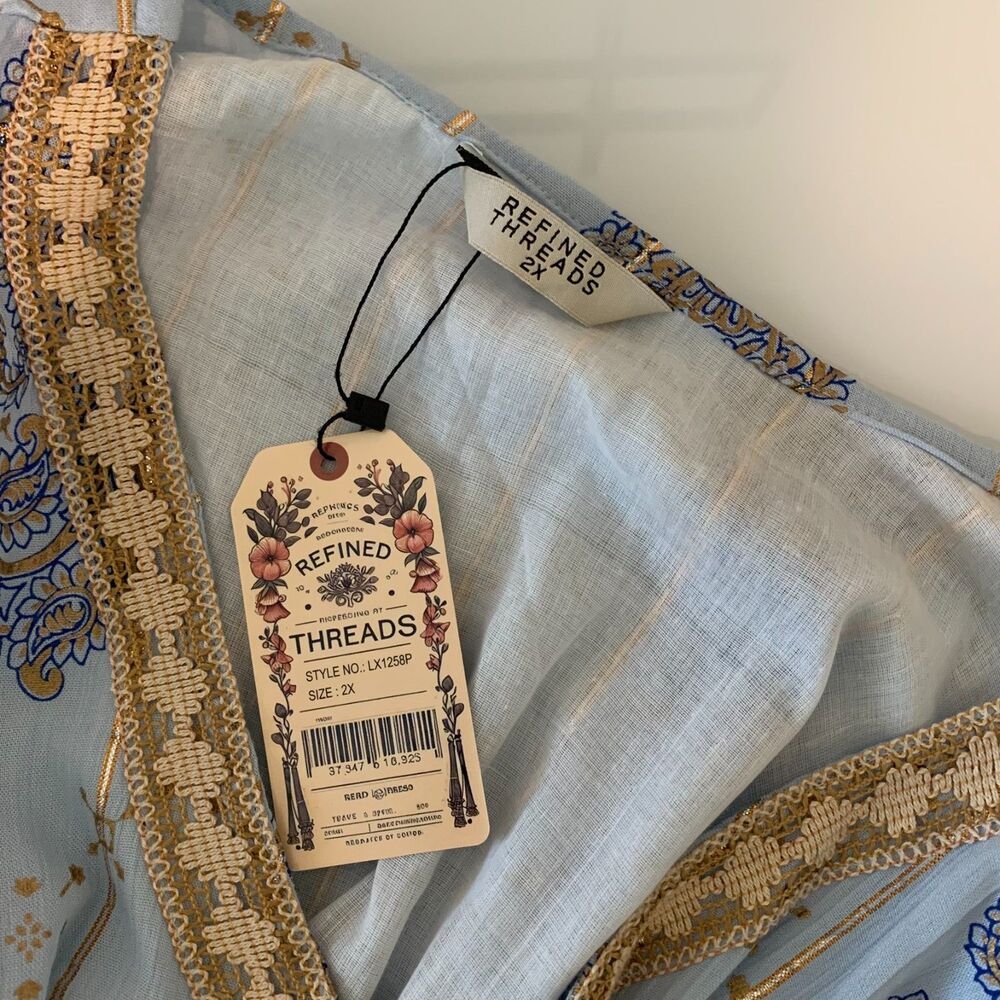 Refined Threads Blue Gold‎ Metallic Thread Boho Cottage Women's Maxi Dress 2X - Picture 6 of 8